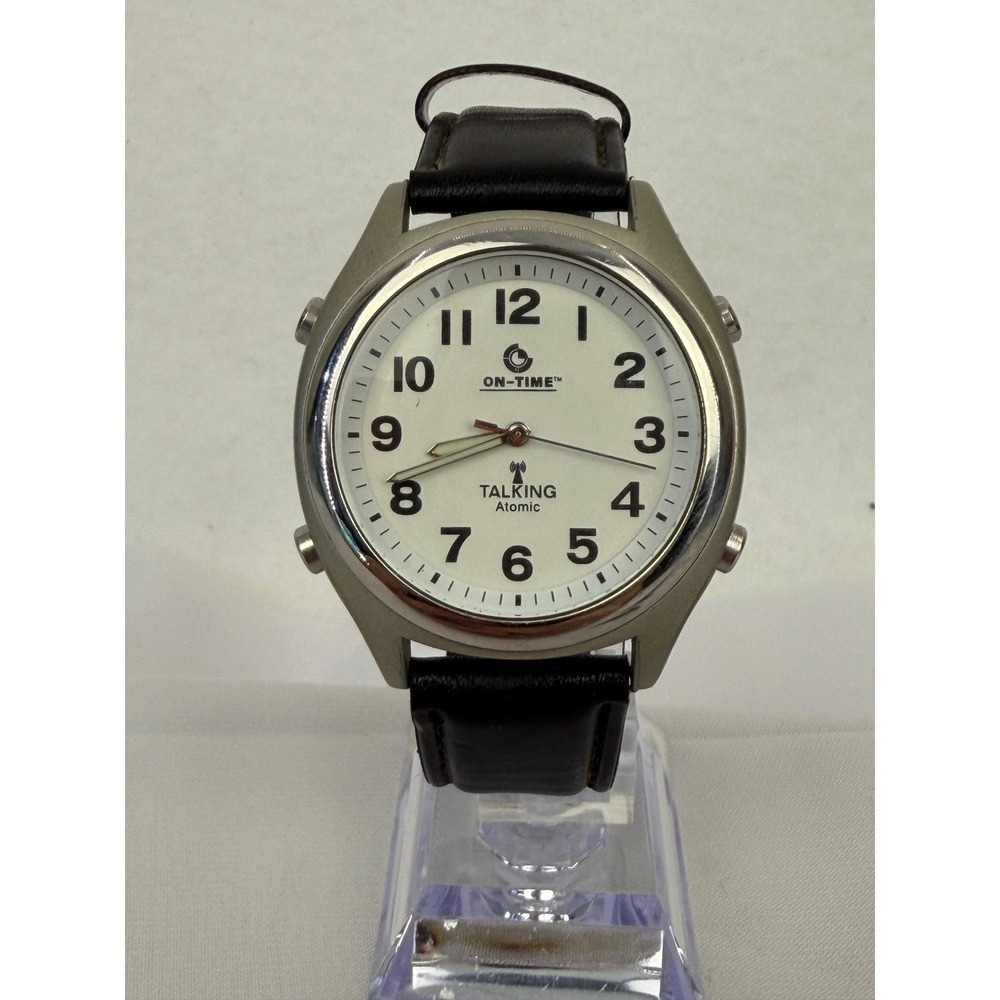 On-Time Talking Atomic Watch Radio Controlled Silver Tone Black Leather Strap